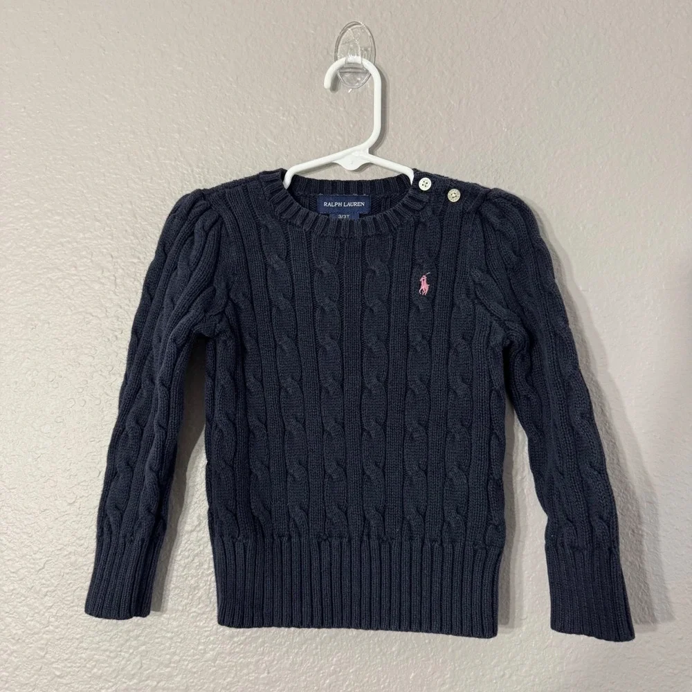 Ralph Lauren Boy's‎ Size 3/3T Sweater Navy Blue Cable Knit Shoulder Buttons